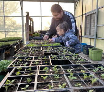 Parent and child in the greenhouse