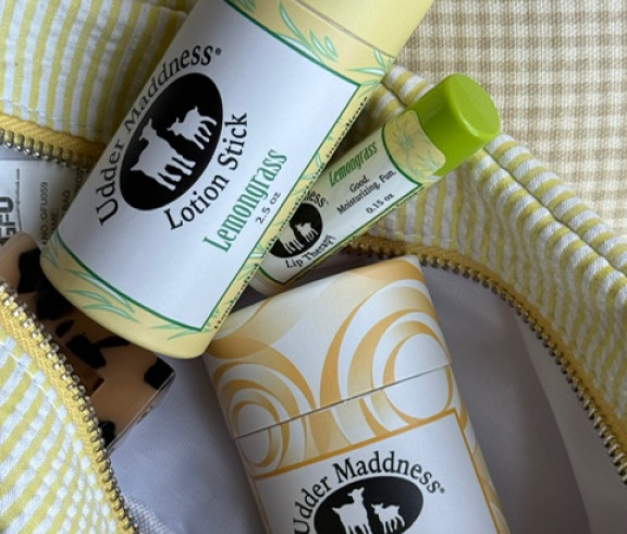 Madd House Hill natural skin care products including Lemongrass lotion stick, Citrus Splash deodorant, and lip balm.